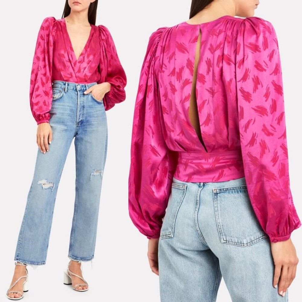 Ronny Kobo Hot Pink Silk Satin Puffsleeve Blouse Size L
